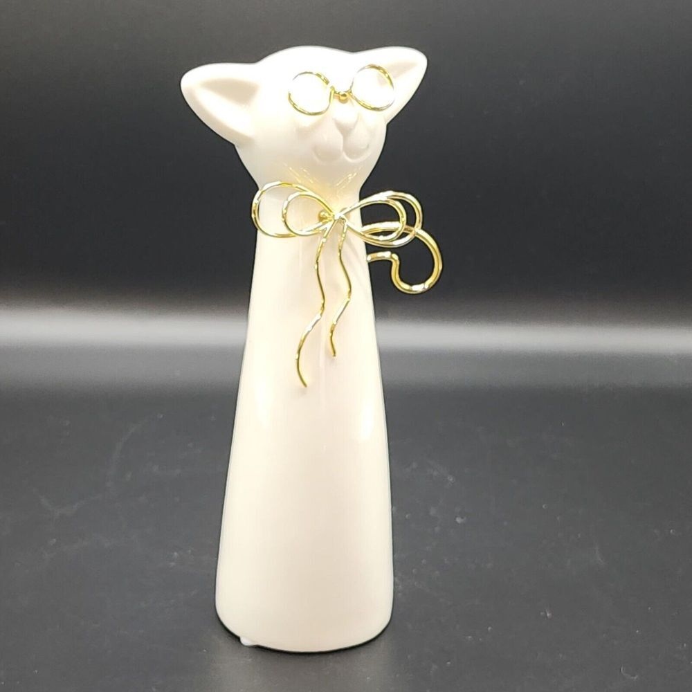 Ceramic Cat Figurine With‎ Gold Wire Glasses And Bow